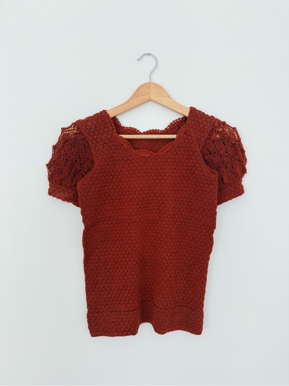 Vintage Burnt Orange Knit Short Sleeve Top with Lace Puff Sleeves Handmade S